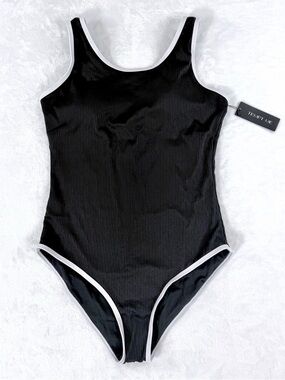 Tempt Me One Piece Swimsuit Size L Black Ribbed White Edge Trim NWT